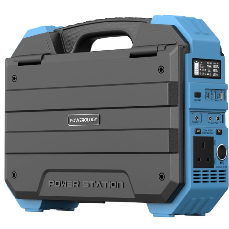 Powerology 600W 192000mAh Portable Generator Integrated Solar Panel, PD 65W, Solar Panel 30W, 18W QC 3.0 - Blue