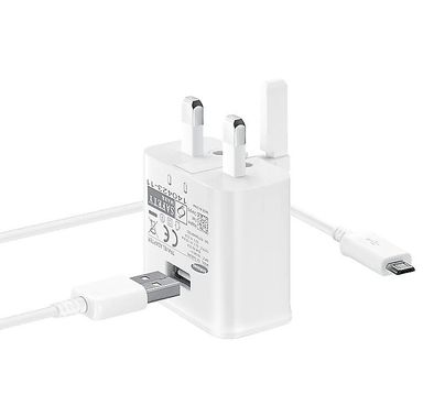 Samsung Wall Charger 3pin with Micro USB Cable, Fast Charging Travel Adapter, Flat TA Charger Compatible for Micro-USB Devices - White