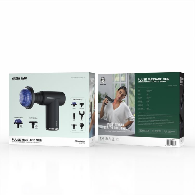 Green Lion Pulse Massage Gun with Digital Display, 2×Cooling & Heating Heads, 4×Massage Heads (Bullet, Ball, Metal Flat, U-Shaped), 45Min Working Time, 15Min Auto Shut-Off, 35-50°C Temperature Range, 3200RPM Brushed Motor, Ergonomic Design, Type-C Port, Hot & Cold Muscle Therapy - Black