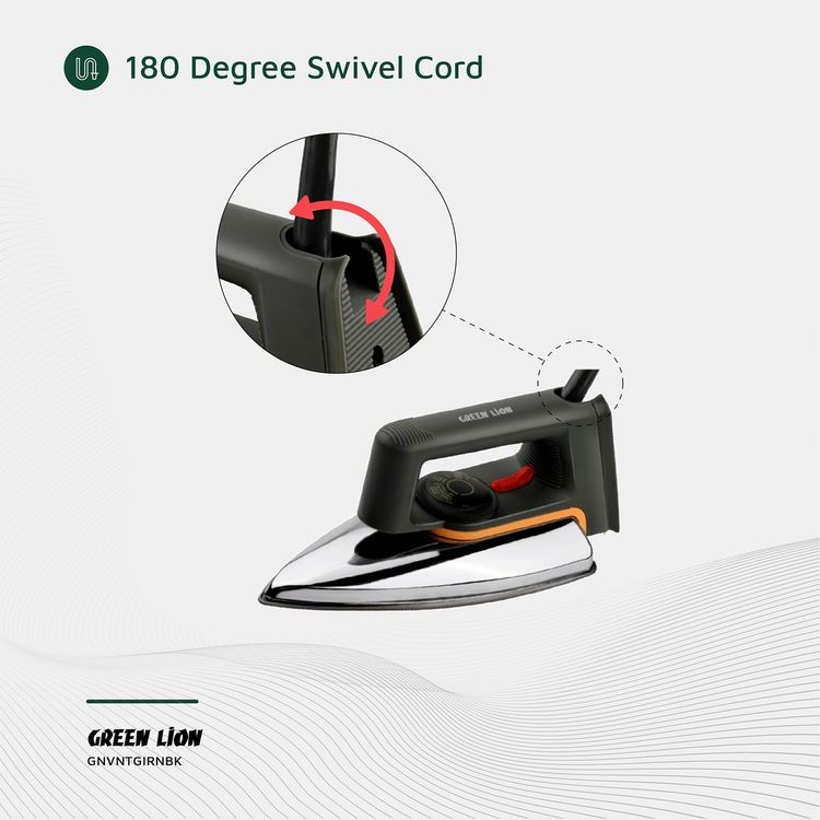 Green Lion Vintage Iron with 1000W Rated Power, Adjustable Thermostat, Indicator Light, Dry Function, Non-Stick Sole Plate, Overheat Protection - Black / Silver