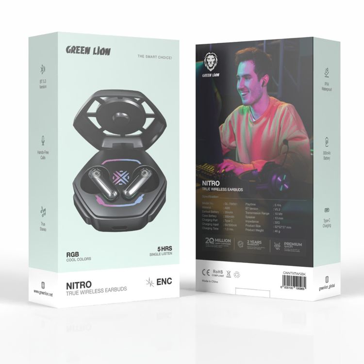 Green Lion Nitro True Wireless Earbuds, RGB Cool Colors, IPX4 Waterproof, BT V5.3, 5 Hours Playtime, Hand Free Calls & True Stereo - Black