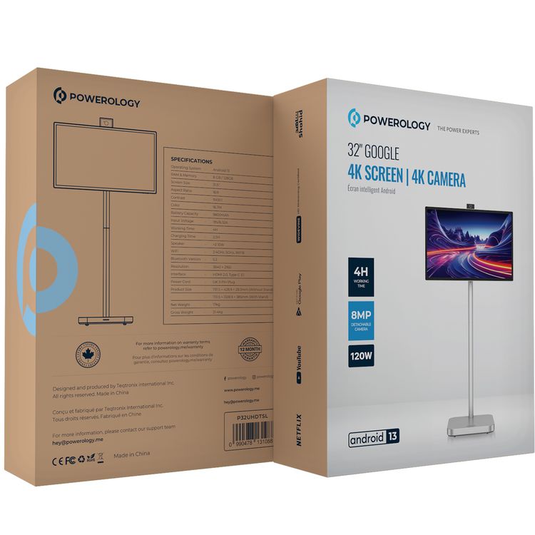 Powerology 32" Google 4K Screen with 4K Camera, 8GB RAM, 128GB Memory, 9800mAh Battery, 16.7M Colors, Android 13, 4 Hours Working Time, Dual 10W Speakers, 2.5 Hours Charging Time - Silver
