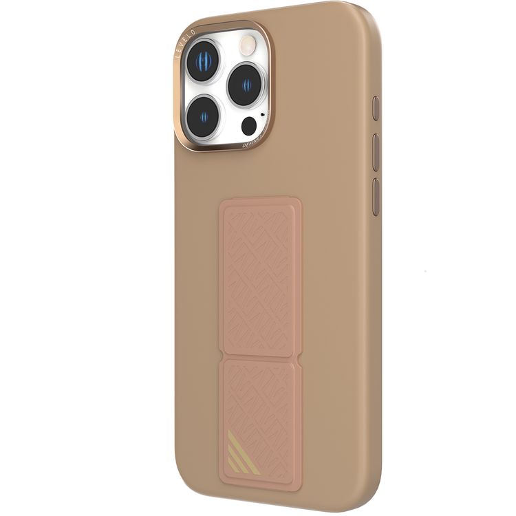 Levelo Morphix Silicone Case with Leather Grip for iPhone 16 Pro, Metal Camera Ring, Multi-Functional Kickstand, Impact-Resistant Corners, Super Durable Materials - Rose Gold Titanium