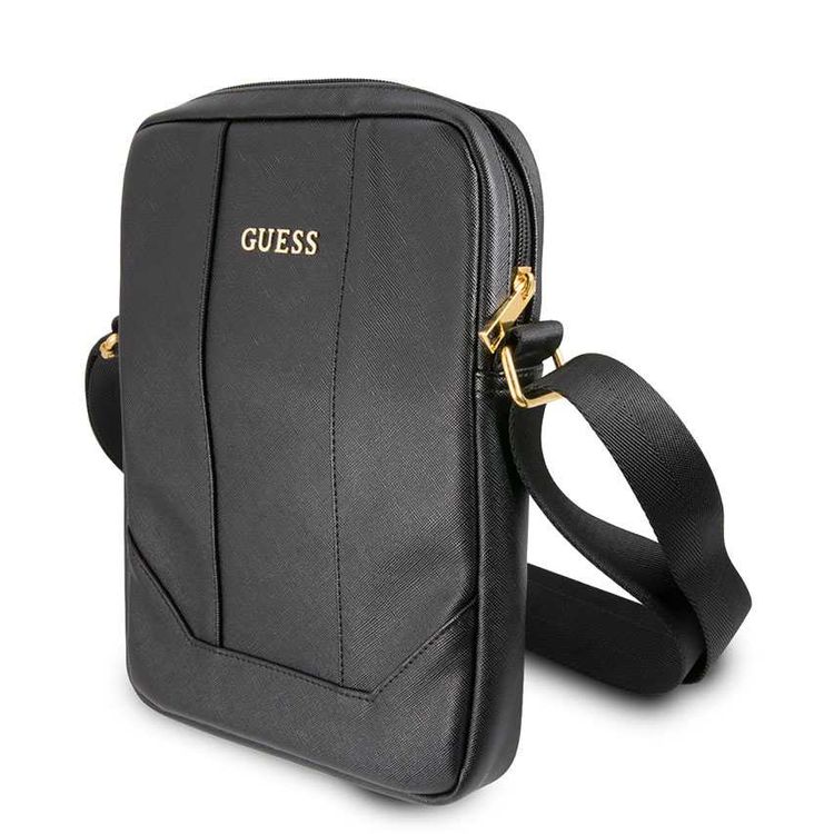 GUESS Saffiano PU 10" Tablet Bag with Adjustable Shoulder Strap, Synthetic Leather Material, Double-Sided Zippers - Black