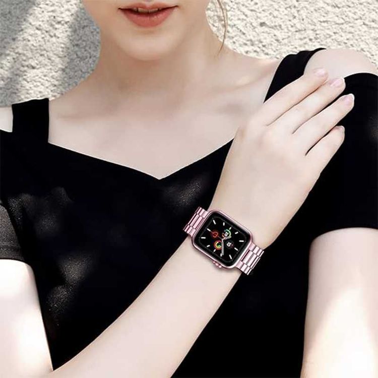 Green Lion Link Stainless Steel Strap for Apple Watch 42/44/45/49mm, Double Button Folding Clasp, Lightweight & Easy to Install, Comfortable to Wear, Waterproof - Rose Gold