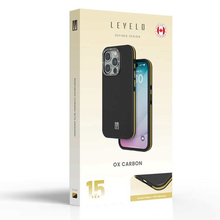 Levelo Ox Carbon Case for iPhone 15 Pro, MagSafe Compatible, Reinforced Corners with Air Guard, Shock-Proof Edges, 3H Scratch Resistance, Raised Camera Bezel - Yellow