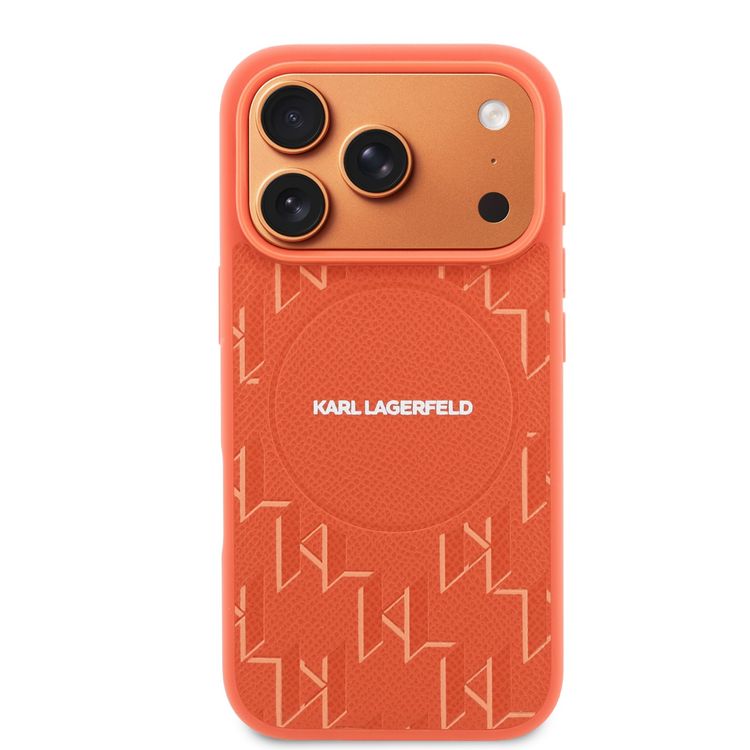 Karl Lagerfeld MagSafe Full Wrapped Leather Case with KL Monogram for iPhone 17 Pro, Slim Profile, Drop Protection, Lightweight, Comfortable Grip - Orange