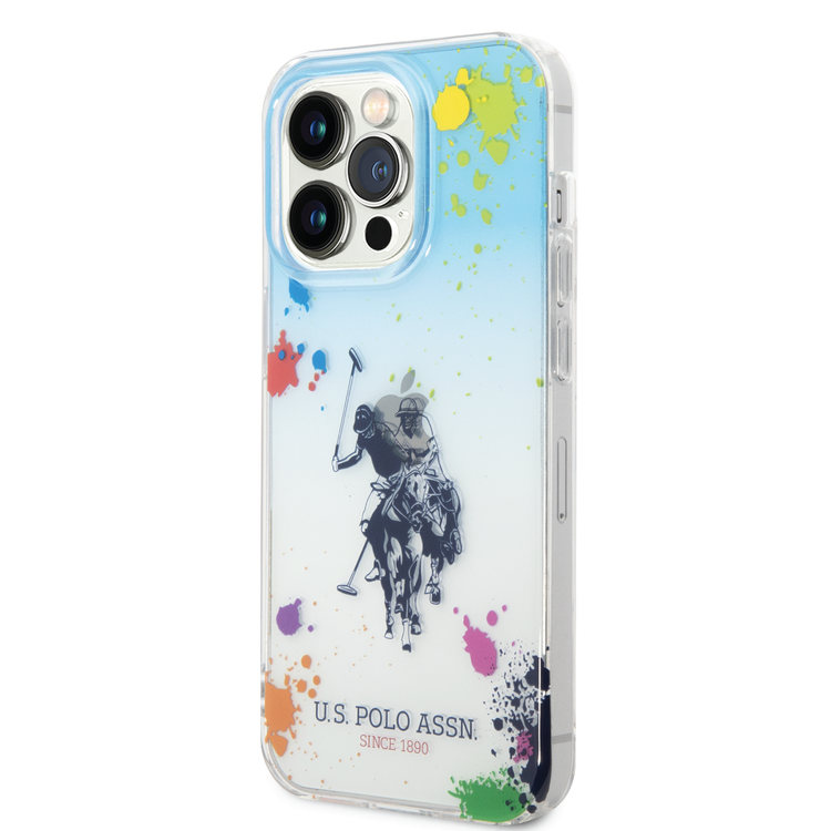 كفر USPA PC/TPU متدرج بتصميم رسمات متناثرة وشعار حصان متناسق مع iPhone 14 Pro Max - أزرق