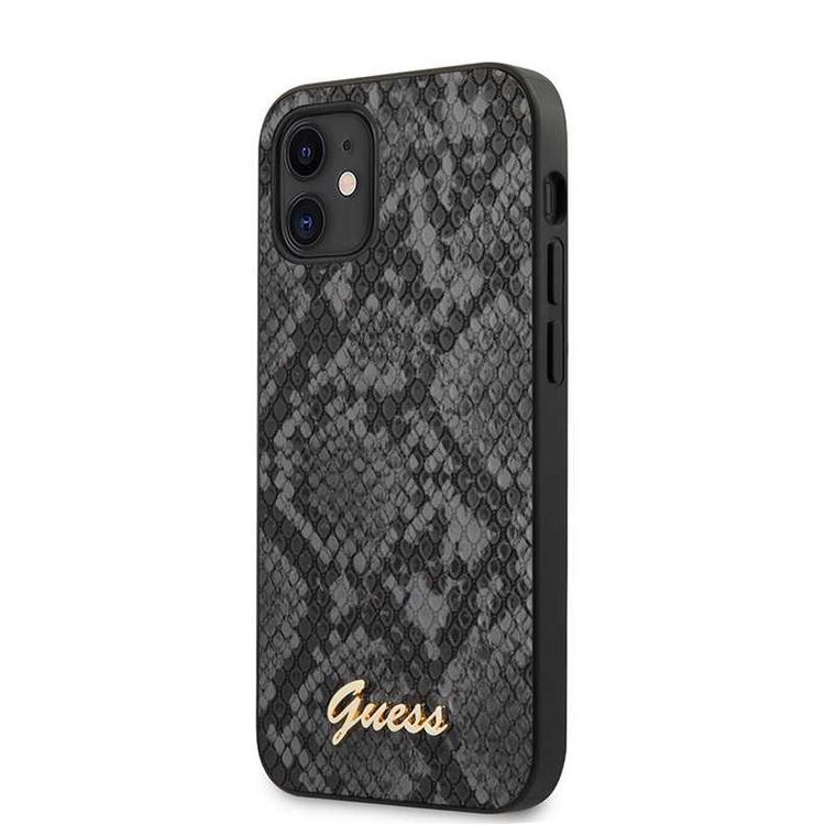 CG MOBILE Guess PU Python Pattern Phone Case with Metal Logo Compatible for iPhone 12 Mini (5.4") Mobile Case Suitable with Wireless Charging Officially Licensed - Black