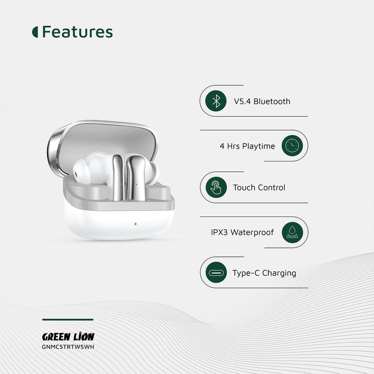سماعات أذن لاسلكية حقيقية من جرين ليون مانشستر مصنوعة من مادة ABS، بطارية سماعات أذن 25 مللي أمبير/ساعة، بطارية حافظة 200 مللي أمبير/ساعة، إصدار بلوتوث 5.4، نطاق بلوتوث 12 مترًا، وقت استعداد 2000 ساعة، منفذ شحن من النوع C، وقت شحن 70 دقيقة، مقاومة للماء IPX3، تحكم باللمس - أبيض