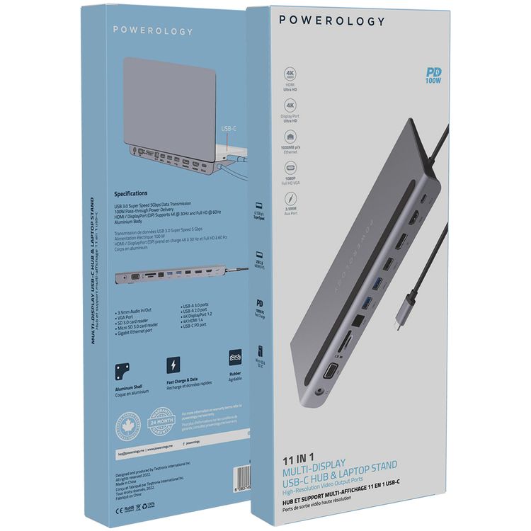 Powerology 11-in-1 Multi-Display USB-C Hub & Laptop Stand with 100W Power Delivery, 5Gbps Data Transmission Speed, Aluminum Shell, Fast Charge & Data Transfer - Gray