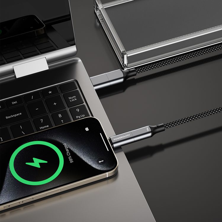 Powerology 4-in-1 Charging & Data Transfer Cable, 1m Cable Length, Aluminum Alloy Shell & Woven Cotton Coat, 240W Power Delivery, Magnetic Heads, 480Mbps Data Transfer Speed, Fast Charge Support - Black