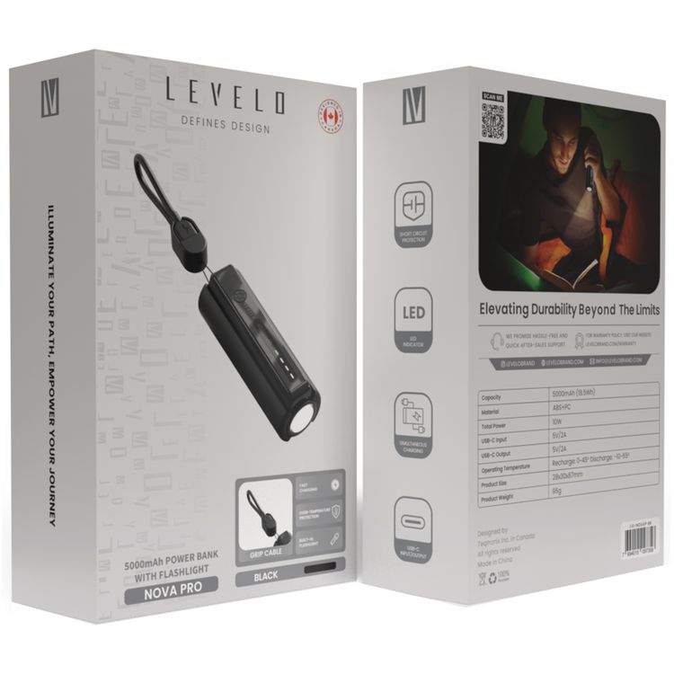 Levelo Nova Pro Power Bank with Flashlight, ABS+PC Material, 5000mAh (18.5Wh) Battery Capacity - Black