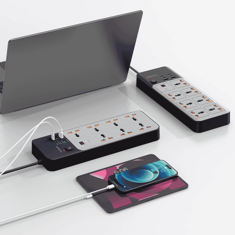 Porodo 3000W Universal Power Strip with 7×AC Sockets, 4×Type-C & 2×USB-A Ports, Safety Power Switch, 24-Hour Timer, Built-in Surge Protection, Fireproof PC Material, UK 3-Pin with 3m Cord Length, Multi-Device Charging - Grey