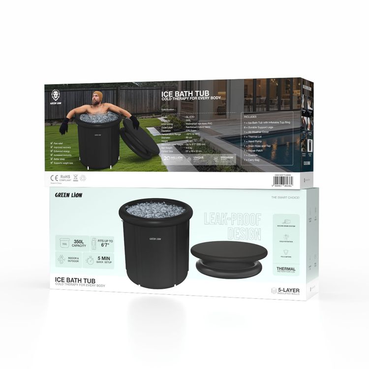 Green Lion Ice Bath Tub with Secure Drain System, 5-Layer Insulated Walls, 350L Capacity, Detachable Legs, Skin-Friendly Materials, Inflatable Top-Ring, Cold Retention, 4 Hours Insulation Time - Black