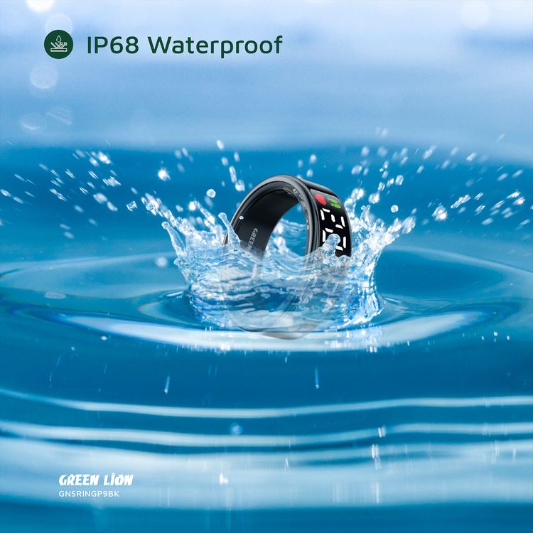 Green Lion Smart Ring Pro with Digital Display, Size 9 (18.9mm), 5.1 Bluetooth Connection, IP68 Waterproof Level, 5 ATM Dustproof Level, 128KB ROM + 96KB RAM, 10–15 Days Standby Time, Compatible with Android 9 & Above, iOS 10 & Above - Black