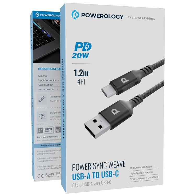 Powerology Power Sync Weave USB-A to USB-C Cable with 1.2m Length, 20000 Bends Lifespan, Braided Nylon Material, Tangle-Free Design, Fast Charge & Data Transfer, 20W Power Delivery - Dark Gray