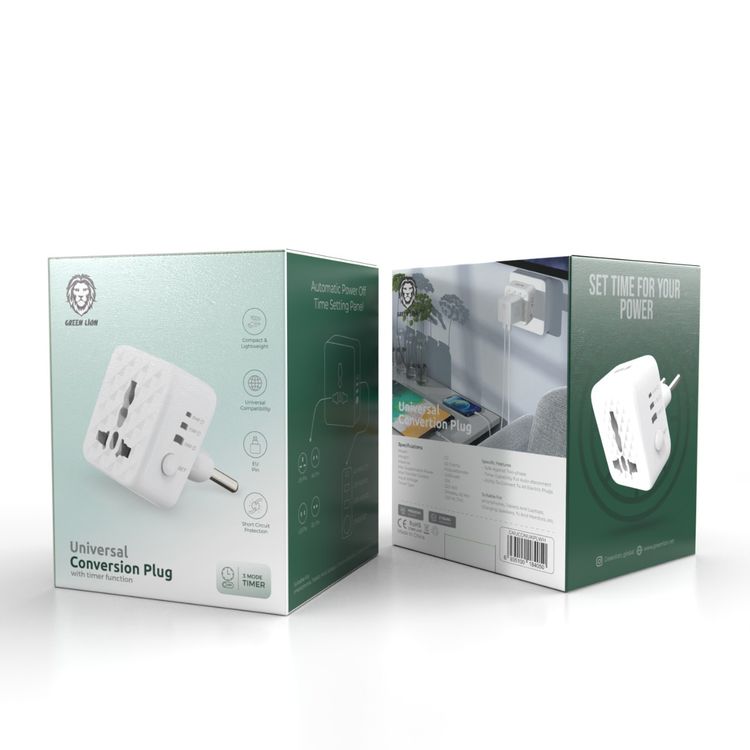 Green Lion Universal Conversion Plug, Compact & Lightweight , Polycarbonate ,  3 Mode Timer , Short Circuit Protection - White