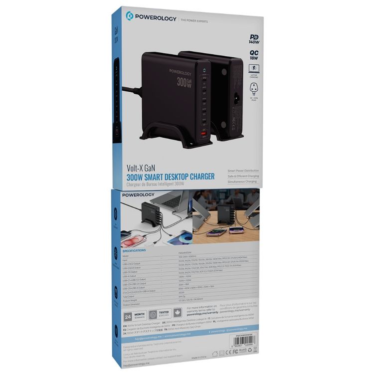 Powerology Volt-X Smart Desktop GaN Charger with PD 140 W, QC 18W, Laptop Charger, UK 3-Pin Plug, 300W Total Output, ×1 USB-A & ×5 USB-C Ports, Multiple Device Charging, Safe & Efficient Charging - Black