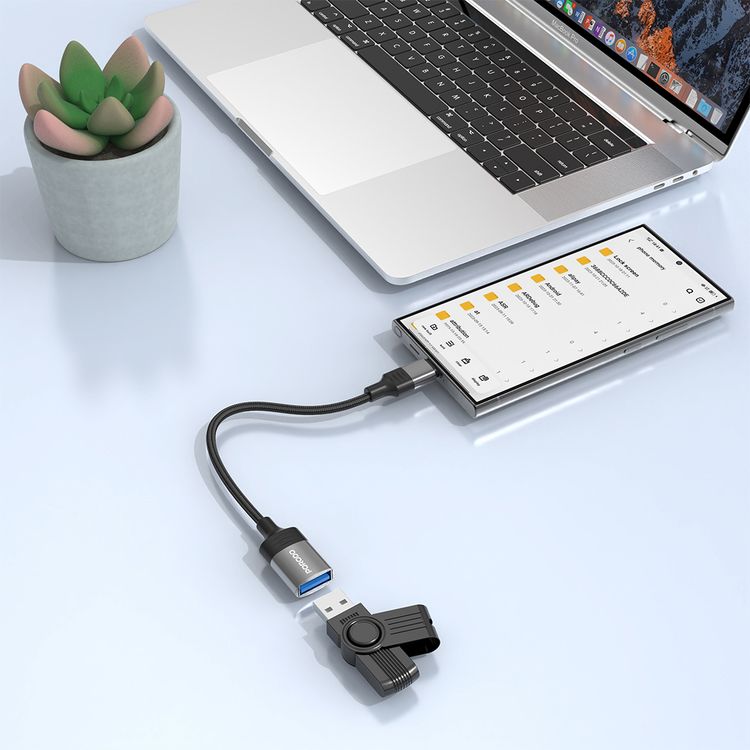 سلك Porodo USB C OTG، بطول 12 سم، كابل مضفر، USB 3.0 USB قياسي، متوافق عالميًا - أسود