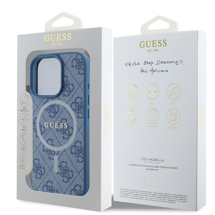 Guess Magsafe PU 4G Hard Case with Classic Logo for iPhone 16 Pro Max, Drop Protection, Easy Snap-on, Slim & Lightweight Design, MagSafe Compatibility for Wireless Charging - Blue