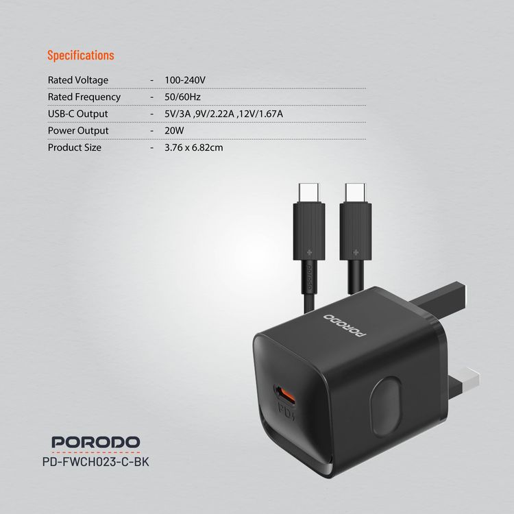 شاحن حائط Porodo USB-C Power Delivery مع كابل USB-C إلى USB-C، بطول 1.2 متر، PD 20W، قابس المملكة المتحدة، حماية من الحرارة الزائدة، رفيق موثوق، شحن متزامن - أسود