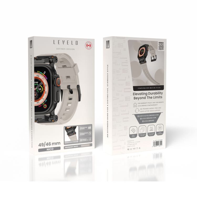 Levelo Nico Watch Strap for Apple Watch 49/46mm with Metal Buckle Closure, Compatible with SE Series 9, 8, 7, 6, 5, Silicone & Stainless Steel Finish, Lightweight & Flexible Fit, Sweat-Resistant & Water-Resistant, Hypoallergenic Material, Extended Band Interaction - Moonlight White