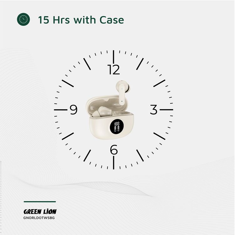 Green Lion Orlando True Wireless Earbuds with Digital Display, HiFi Sound, Built-in Microphone, Voice Assistant, 4.5 Hours Playtime, Type-C Charging - Beige
