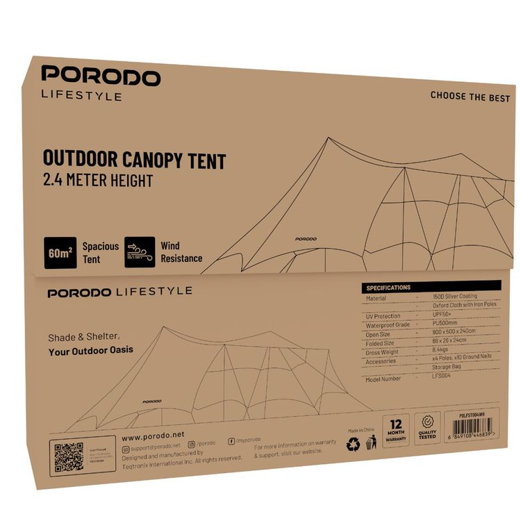Porodo Lifestyle Camping Canopy Tent with UPF50+ UV Protection, PU500mm Waterproof Grade, 2.4m Height, Wind Resistant - Off White