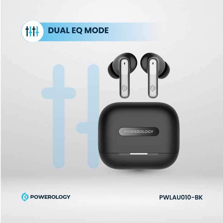 Powerology Hybrid True Wireless Earbuds with ANC + ENC, 6 Microphone, Bluetooth Version 5.3 & Type-C Charging Port - Black 