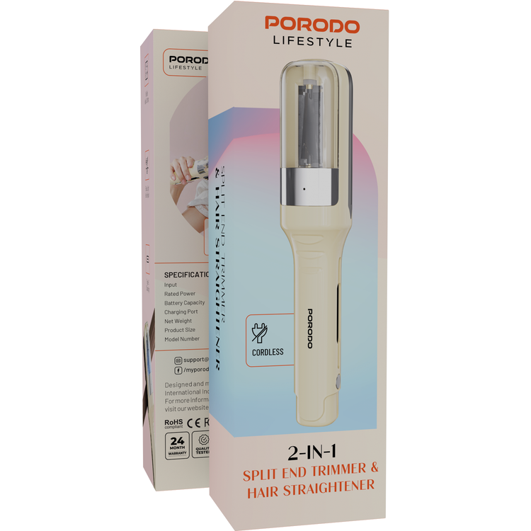 Porodo 2-in-1 Split End Trimmer & Hair Straightener with Cordless Functionality, 500mAh Battery, USB-C Charging Port, Visible Hair Cutting, Blue Light Hair Repair, 18W Rated Power - White