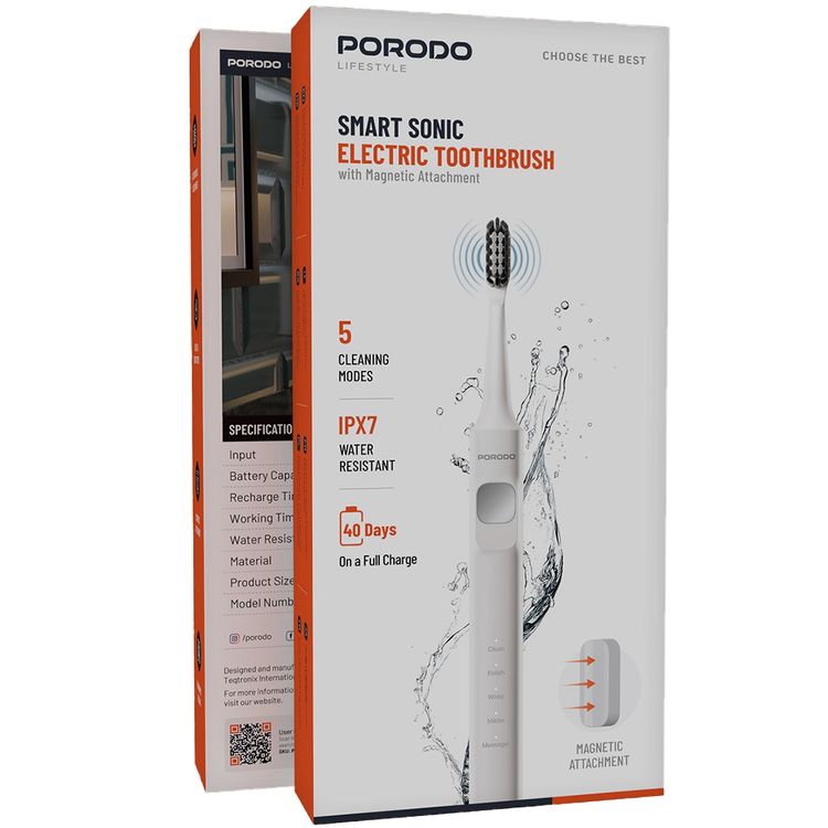 Porodo Lifestyle Smart Sonic Electric Toothbrush with Magnetic Attachment, 5 Customizable Clean Modes, Up to 40 Days Working Time, Built-in Smart Timer, 300mAh Battery, ABS Body & Dupont Bristles, Ergonomic Design - White