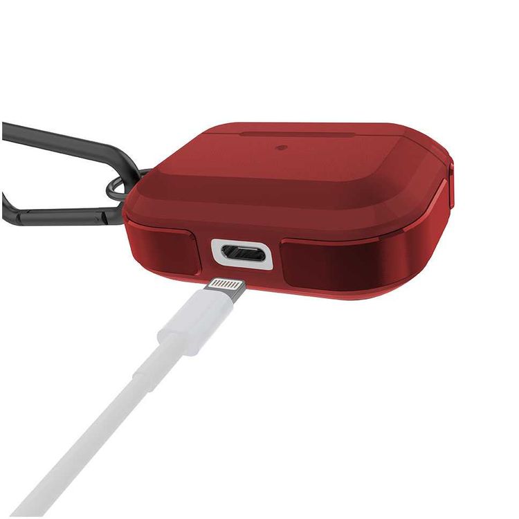 X-Doria Defense Trek Aluminum Bumper Case with Anti-Lost Carabiner & Loop Compatible for AirPods Pro - Sleek Design Cover - 360 Degree Protection - Charging Light Visible - Red