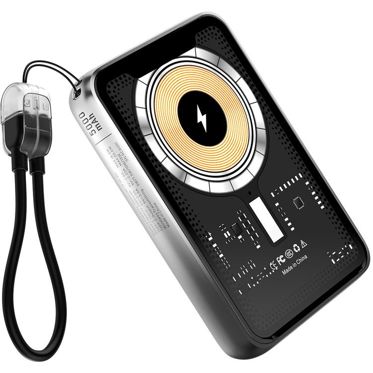 Porodo Arcadevolt 5000mAh MagSafe Power Bank with Built-in Console, +100 Classic Games, PD 20W, 2.8" HD Display, Type-C Lanyard Cable - Black