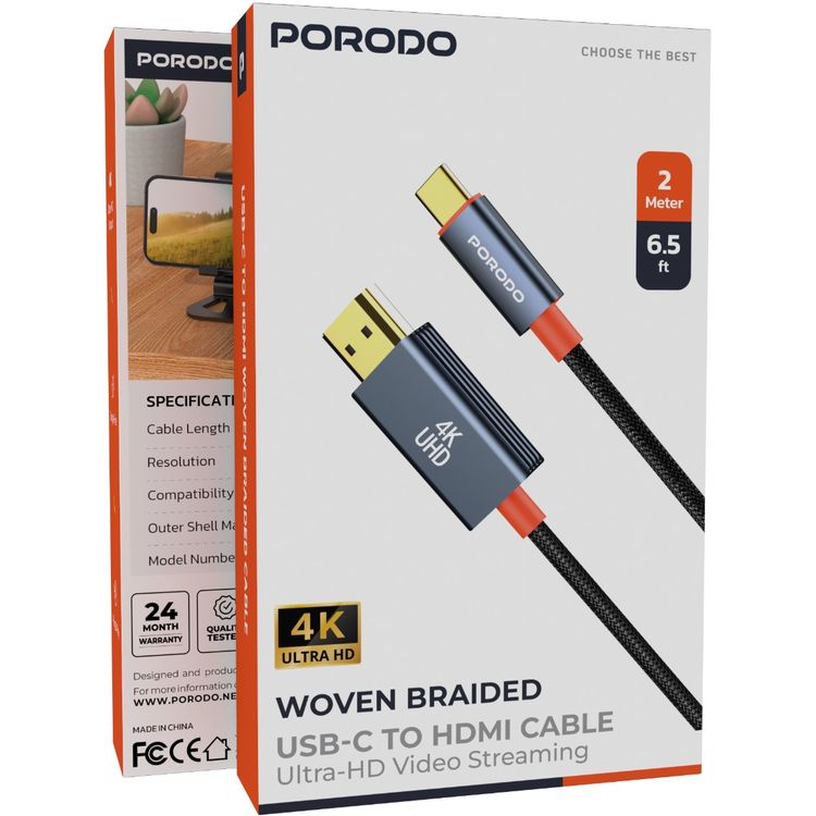 كابل بورودو المصنوع من سبائك الألومنيوم من النوع C إلى HDMI، بطول 2 متر، دقة Ultra HD 4k، التوصيل والتشغيل، خالٍ من التشابك - أسود