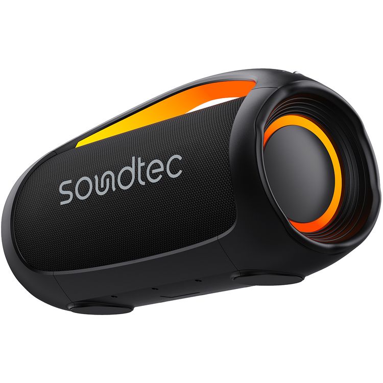 Porodo Rush Pro Portable Party Speaker with Voice Assistant, IPX6 Water Resistant, 5 Hours Play Time, RGB Lights, 7000mAh Battery Capacity, USB-A & USB-C Connector Type, 10m Transmission Range, Bluetooth Version 5.3, 10 Hours Charging Time, Power Bank Function, Grip Handle - Black