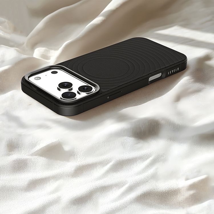 Levelo Spirale PU Leather Hybrid Case for iPhone 17 Pro Max, MagSafe Compatible & Strong Magnets, Impact-Resistant, Shock-Resistant Bumper, Aluminum Alloy Frame for Camera & Edges, Drop-Tested - Phantom Black