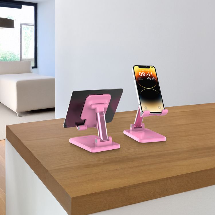 Porodo Desktop Phone & Tablet Stand with Adjustable Telescopic Rod, Up to 12.9-inch Compatibility, 360° Rotating Base, 350g Maximum Load, Anti-Slip Base, ABS & Silicone Materials - Pink