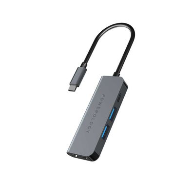 Powerology 4-in-1 USB-C Hub with HDMI & USB 3.0, 60W Power Delivery, Fast Charge & Data Transfer, 4K HDMI, 5Gbps Data Transmission, Aluminum Shell - Gray