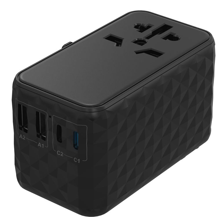 Powerology Universal GaN Super Charger with PD 100W, ×2 USB-A & ×2 USB-C Ports, Quick Charger, Laptop Charger, +150 Countries Compatibility - Black