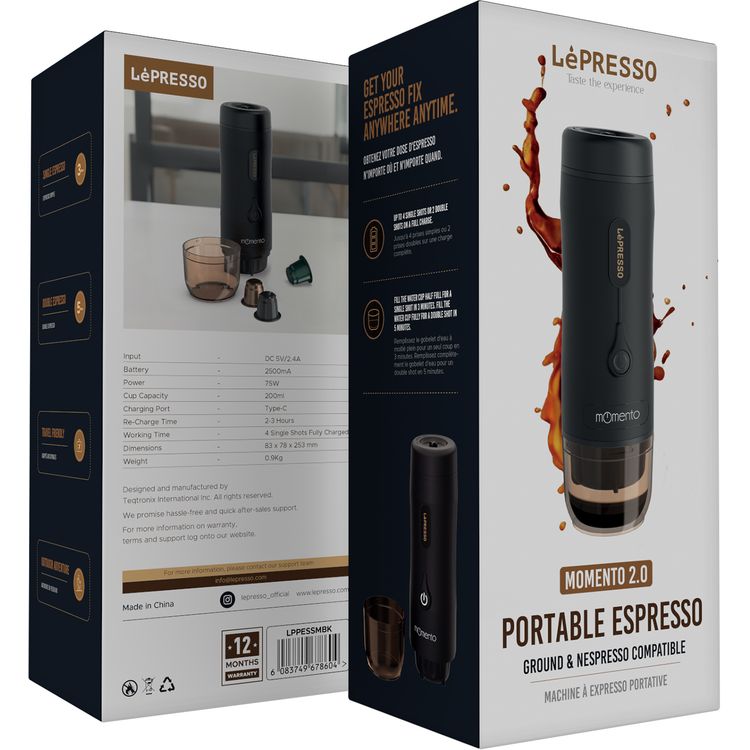 LePresso Momento 2.0 Portable Espresso Coffee Machine, Ground & Nespresso Compatible, 75W Power, 2500 mAh Battery Capacity, 2-3 Hours Re-Charge Time, 4 Single Shots Fully Charged Working Time - Black