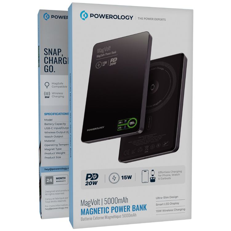 Powerology MagVolt 5000mAh Power Bank, 2.5W Watch Output, Up to 15W Phone Output, 20W Power Delivery, Ultra-Slim Design, Smart TFT Display, N54 MagSafe Compatible - Black