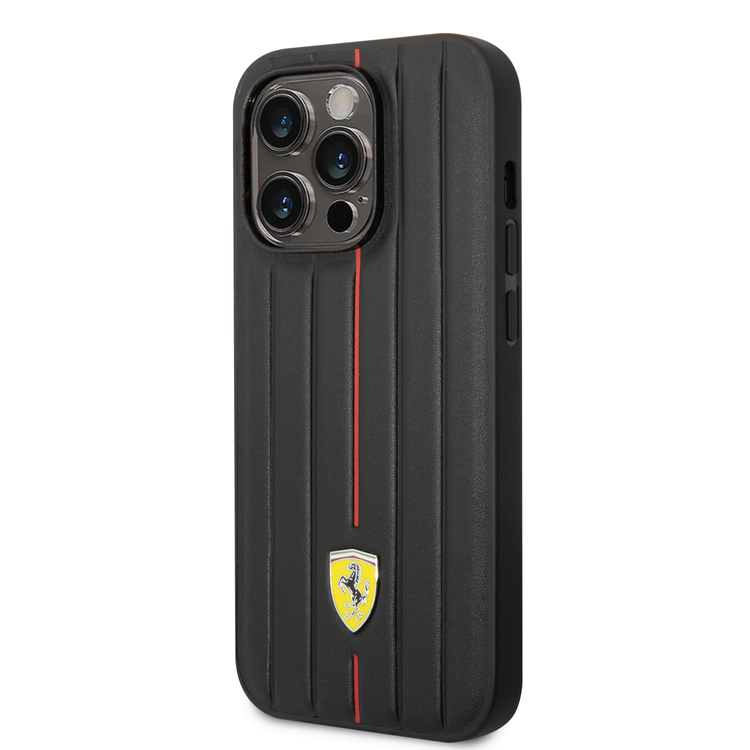 Ferrari Leather Case With Embossed Stripes & Yellow Shield Logo - iPhone 14 Pro Max - Black