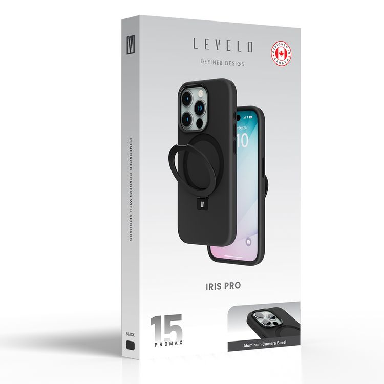 غطاء سيليكون Levelo Iris Pro Liquide لهاتف iPhone 15 Pro Max، Magsafe، مضاد للخدش، حواف مقاومة للصدمات، غطاء كاميرا من الألومنيوم - أسود 
