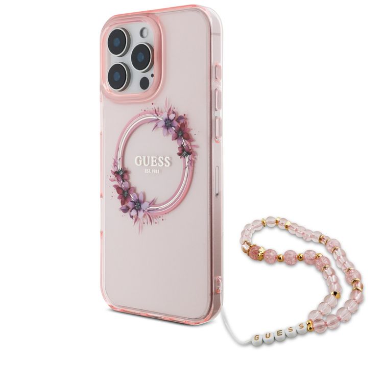Guess Magsafe IML Hard Case for iPhone 16 Pro with Flower Wreath Design & Pearl Strap, Lightweight, Comfortable Grip, Drop Protection - Pink