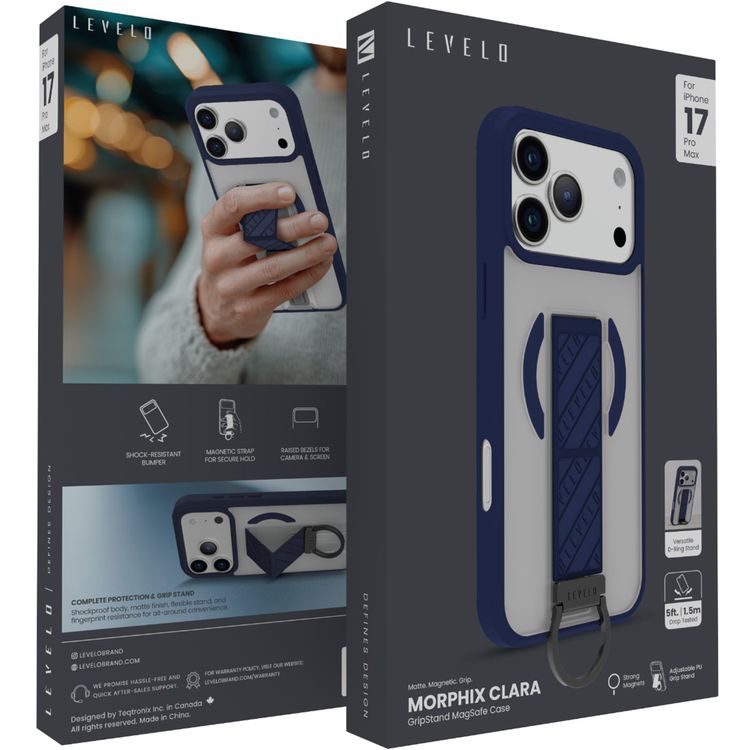 غطاء Levelo Morphix Clara GripStand MagSafe لجهاز iPhone 17 Pro Max، مع حواف مرتفعة للكاميرا والشاشة، مغناطيس قوي، جسم مقاوم للصدمات وذات تشطيب غير لامع، حامل D-Ring مرن، مضاد لبصمات الأصابع - لون أزرق منتصف الليل.