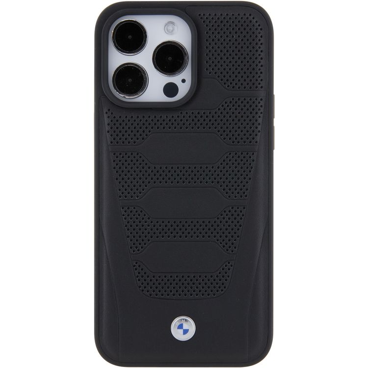 حافظة جلدية BMW مع نمط مقاعد لافتة لهاتف iPhone 15 Pro - أسود