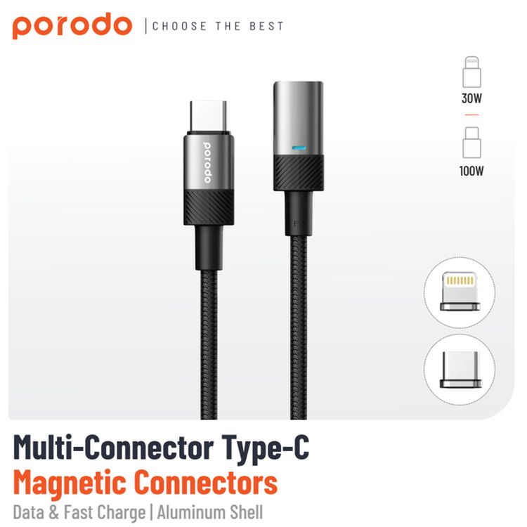 كابل Porodo متعدد الموصلات مع مخرجات Type-C و Lightning، طول 1.2 متر، إخراج Type-C بقوة 100 وات، وإخراج Lightning بقوة 30 وات، عمر يصل لأكثر من 15000 انحناءة، شحن سريع ومزامنة بيانات - اللون الأسود.