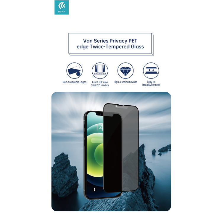 Devia Van Series Privacy PET Edge Twice-Tempered Glass Compatible for iPhone 13 Pro Max (6.7") Anti-Peeping Screen Guard, Easy Installation with Alignment Frame, Anti-Scratch