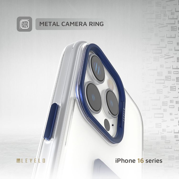 Levelo Morphix Clara Case for iPhone 16 Pro Max, Hybrid Material, Impact-Resistant Corners, Built-in Leather Grip, Metal Camera Ring - Blue